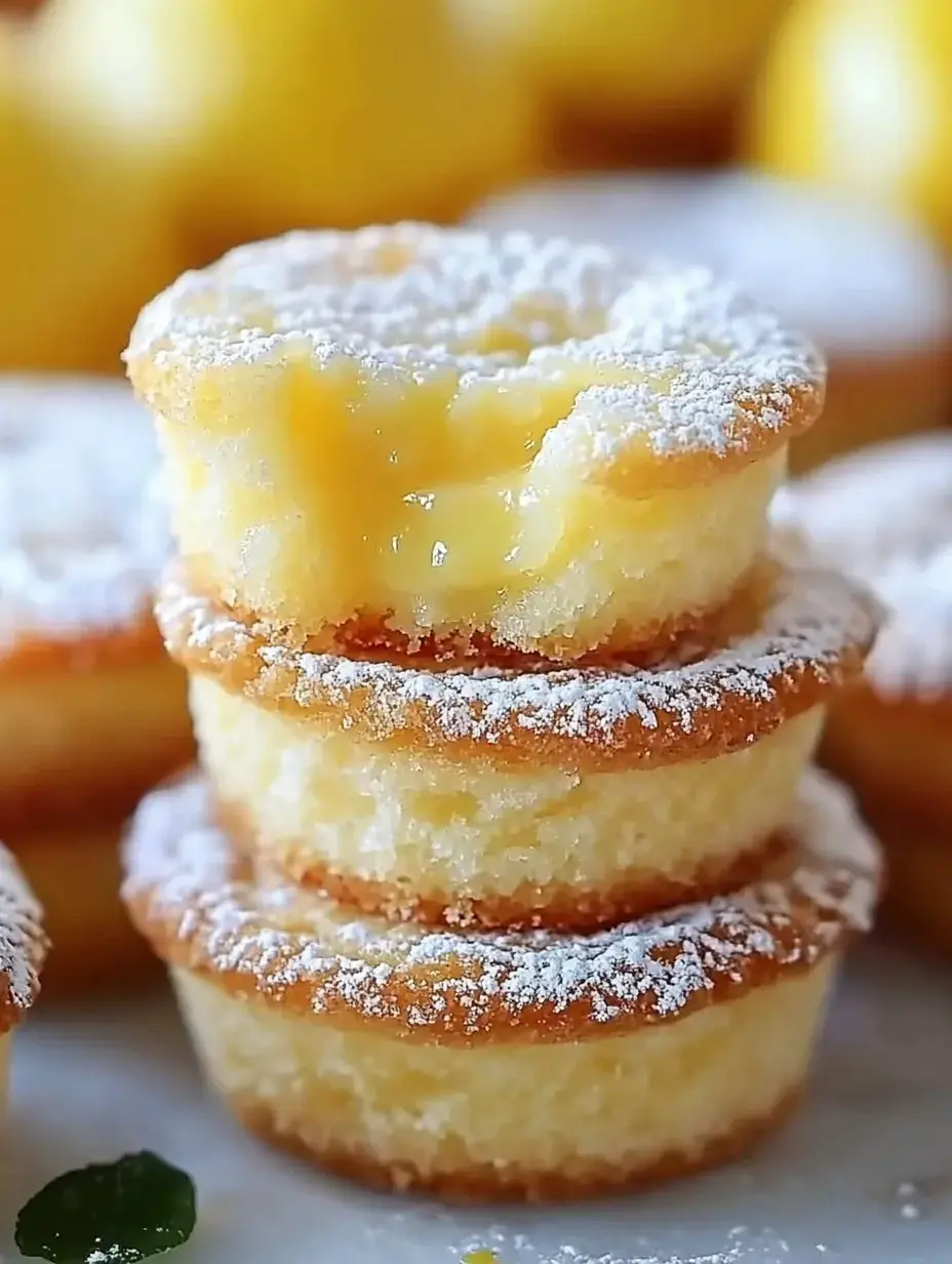 A close-up of three stacked lemon dessert cups dusted with powdered sugar, revealing creamy lemon filling inside the top cup.