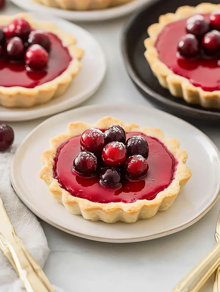 A close-up of a cranberry tart on a plate, topped with shiny red cranberry glaze and whole berries.