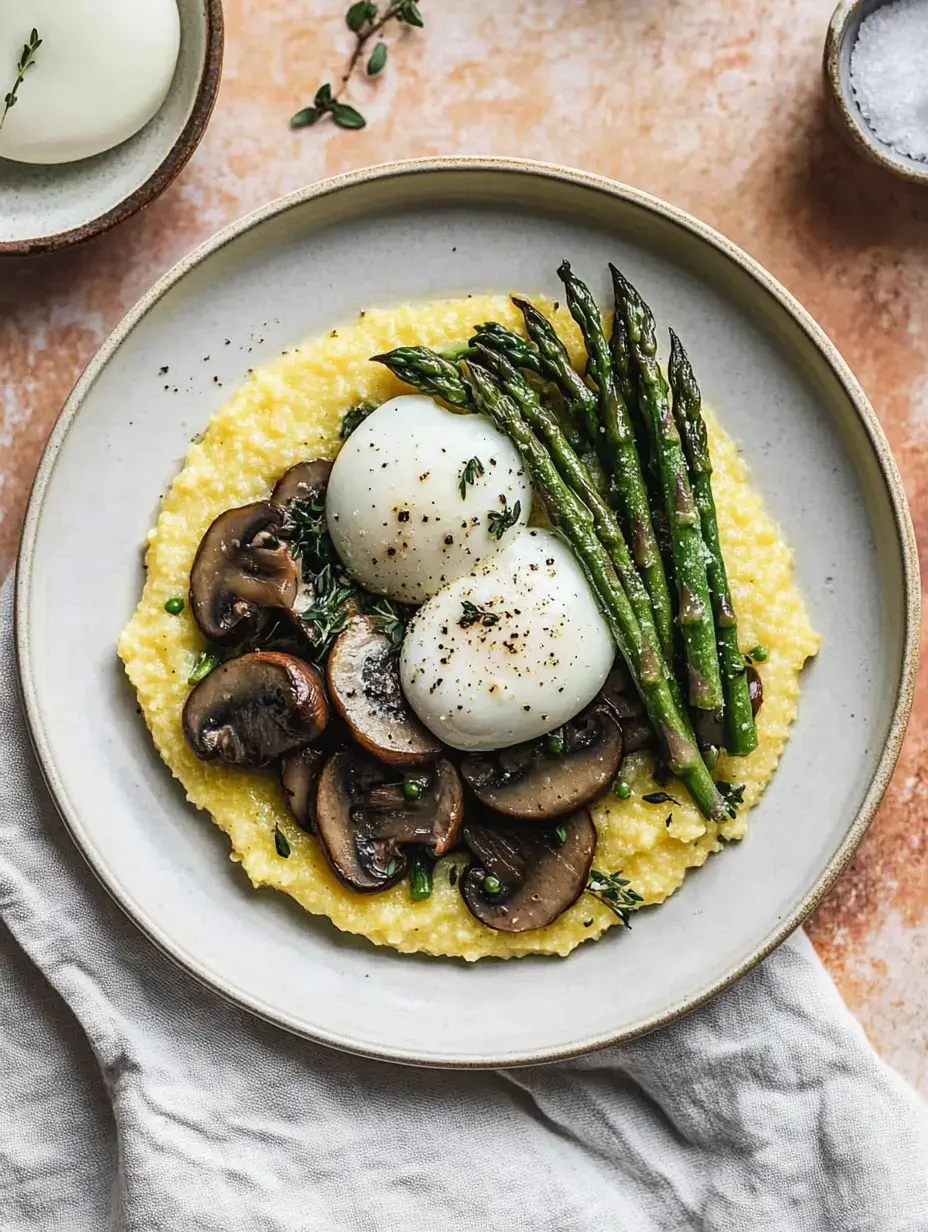 A plate of creamy polenta topped with sautéed mushrooms, poached eggs, and asparagus, garnished with fresh thyme.