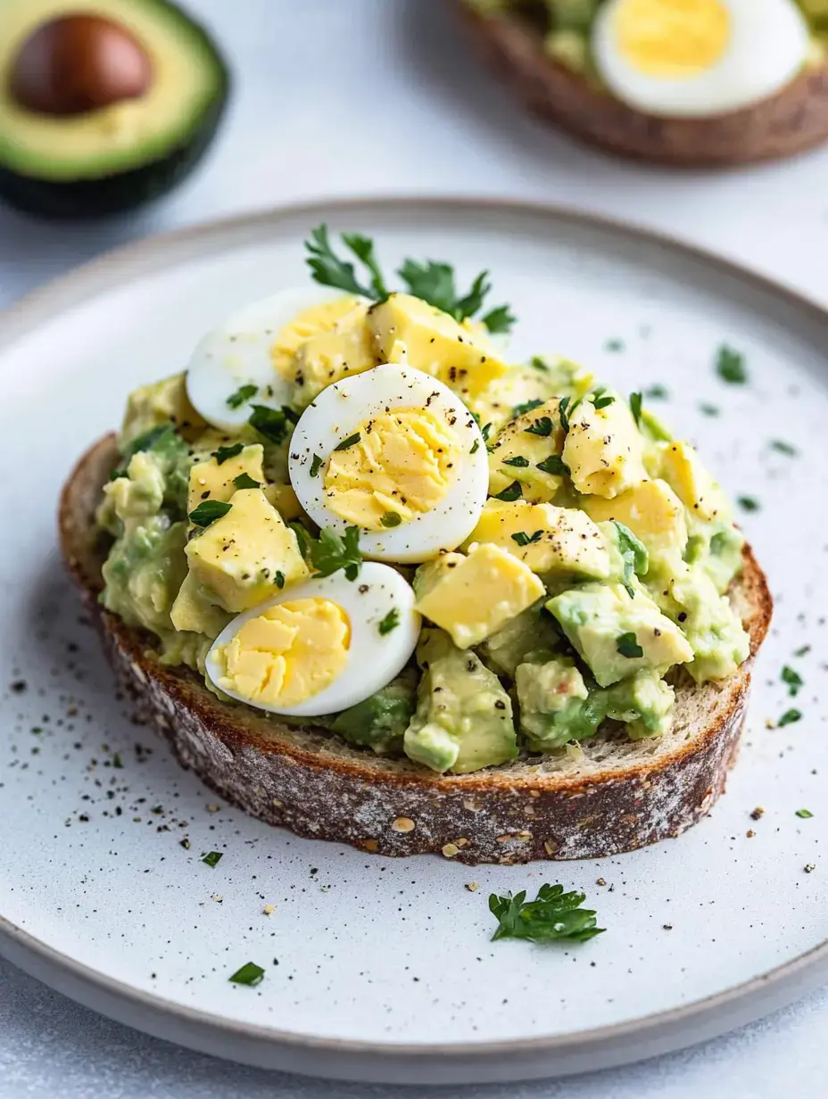 A slice of whole grain bread topped with mashed avocado, diced boiled eggs, and sprinkled with black pepper and parsley, with a halved avocado in the background.