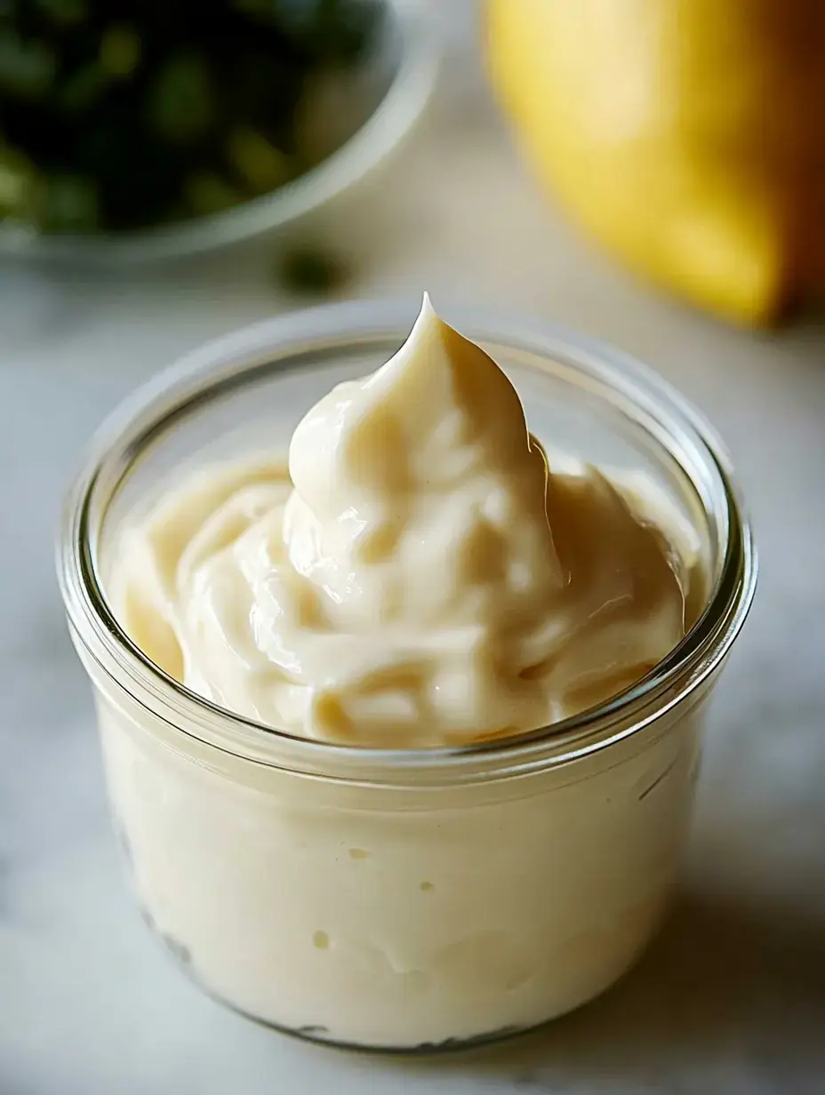 A jar filled with creamy mayonnaise, topped with a peak, set against a blurred background of a lemon and chopped herbs.