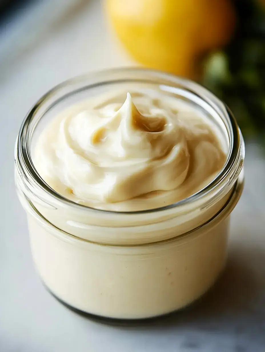 A jar of creamy mayonnaise sits on a surface with a lemon in the background.