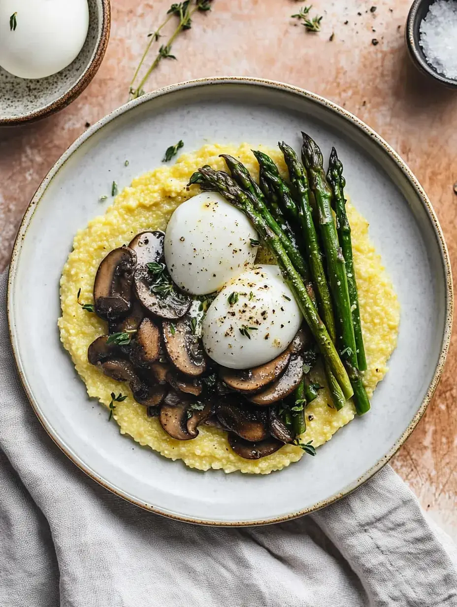 A plate of creamy polenta topped with sautéed mushrooms, two poached eggs, and grilled asparagus, garnished with herbs.