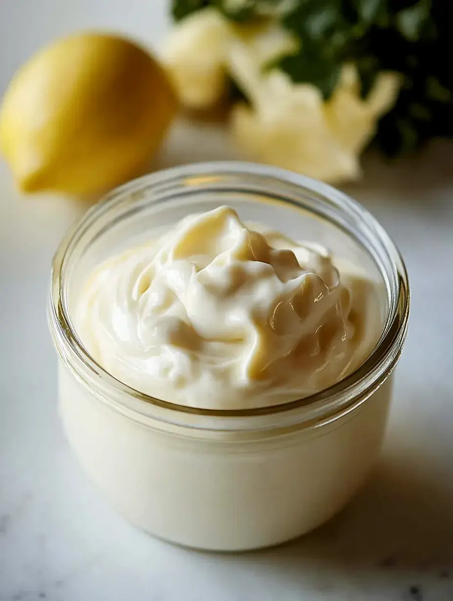 A jar of creamy mayonnaise sits on a surface with a lemon and parsley in the background.