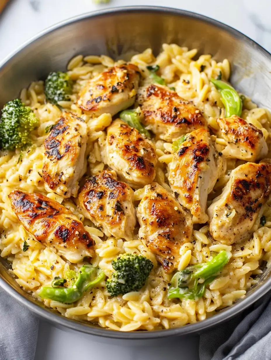 A close-up of a bowl filled with creamy orzo pasta topped with grilled chicken pieces and broccoli.