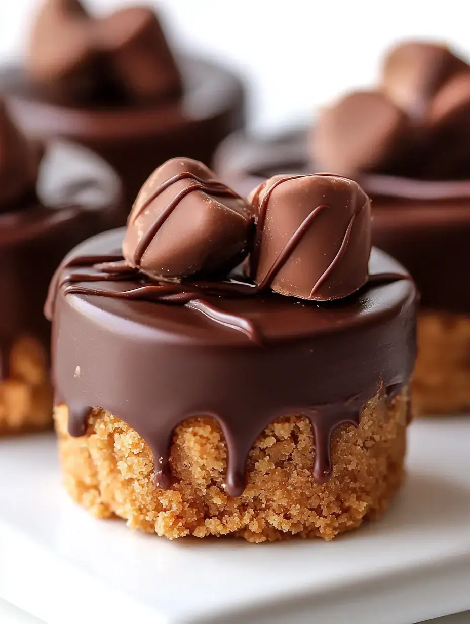 A close-up of a chocolate dessert topped with chocolate candies and a drizzling of chocolate on a crumbly base.