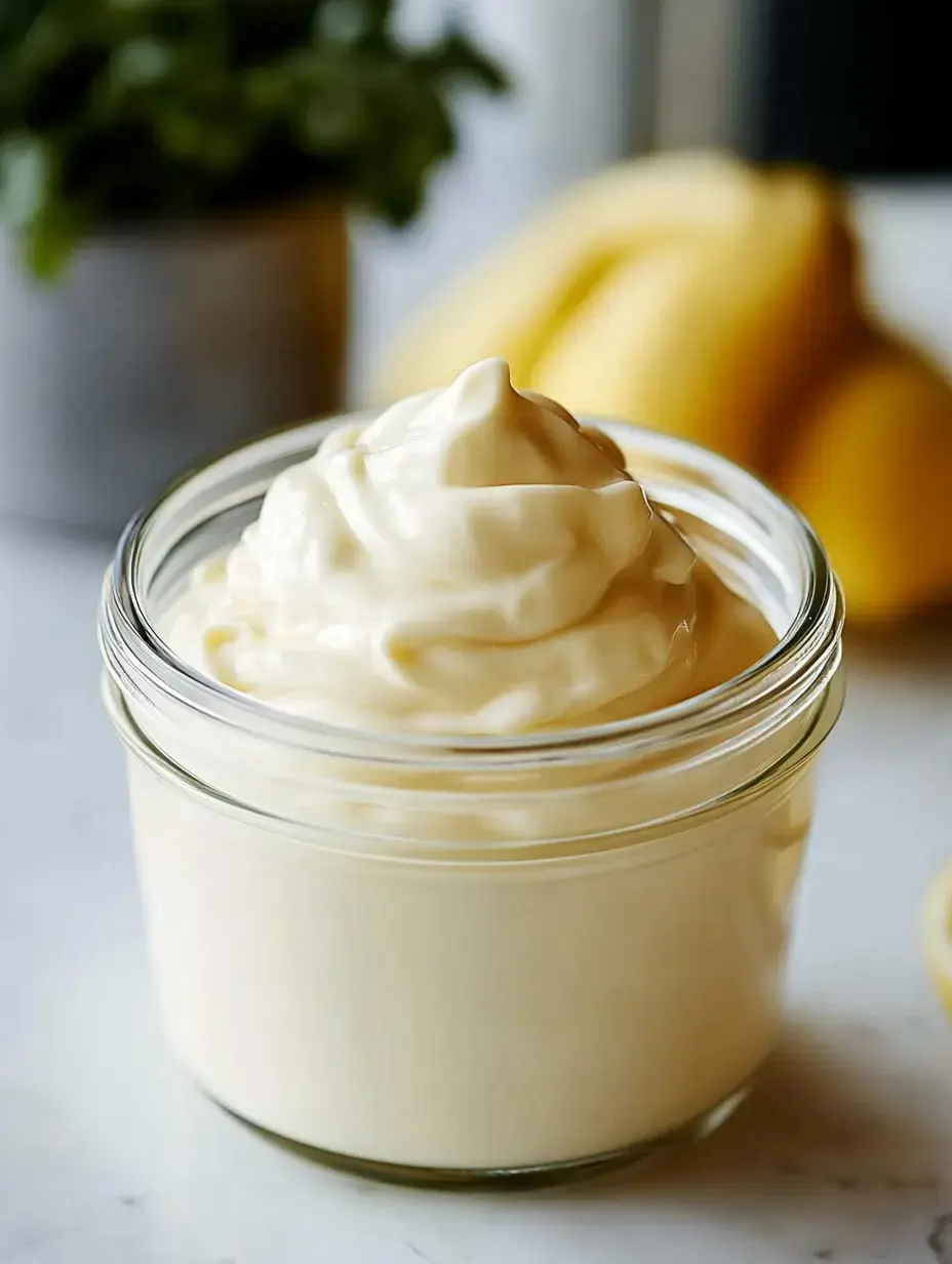 A jar filled with creamy mayonnaise sits on a countertop, with a blurred background of bananas and a potted plant.