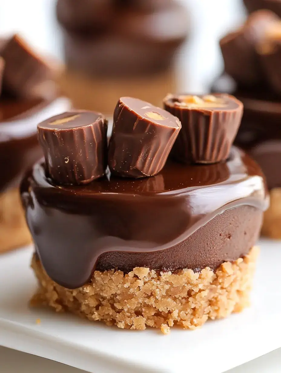 A close-up of a chocolate dessert topped with three chocolate candies on a crumbly crust.