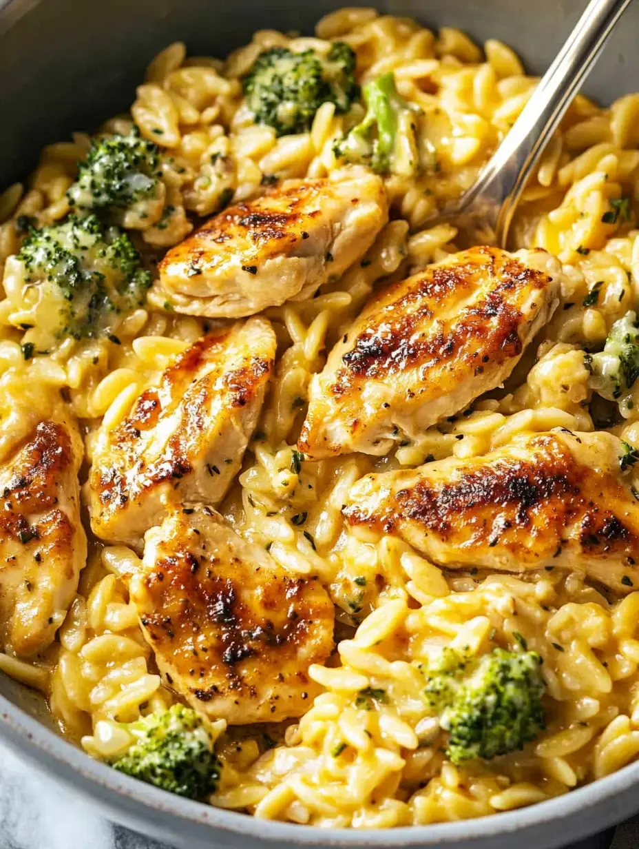 A creamy dish of orzo pasta mixed with broccoli and grilled chicken pieces in a light sauce.