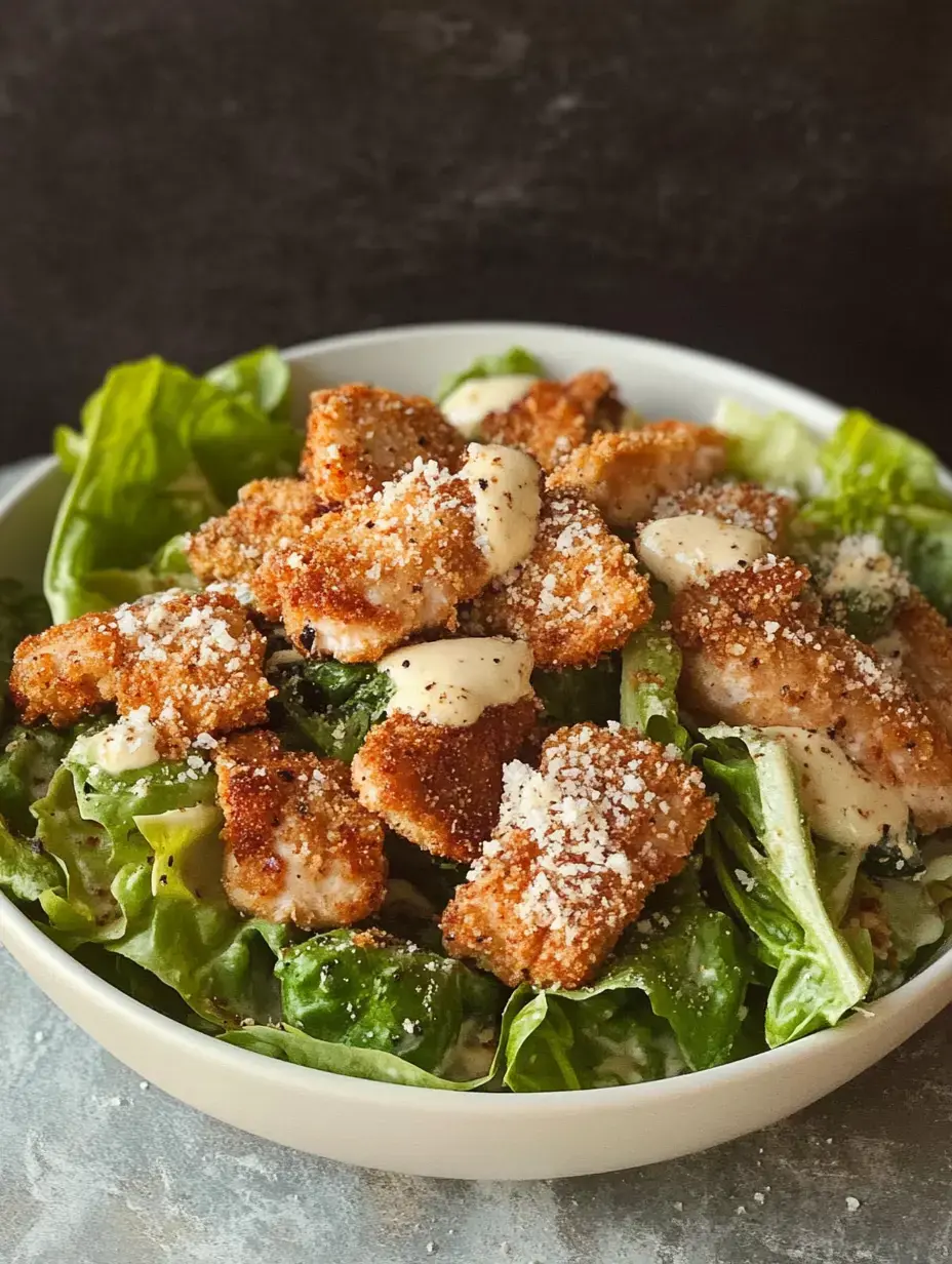 A bowl of salad featuring crispy fried chicken pieces, drizzled with dressing and sprinkled with grated cheese, resting on a bed of fresh lettuce.