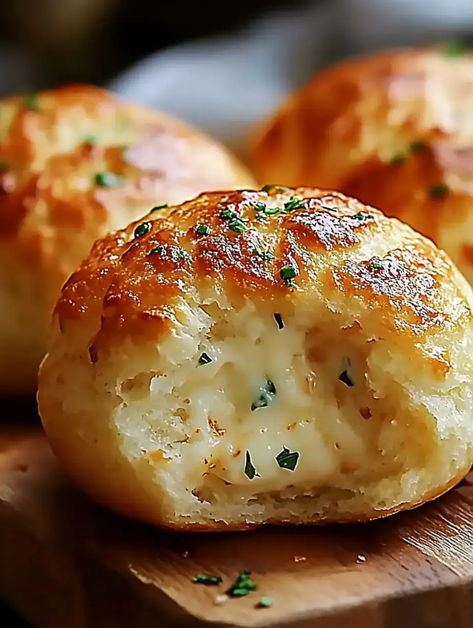 A golden-brown bread roll is displayed on a wooden cutting board, revealing a melted cheese filling and sprinkled with herbs.