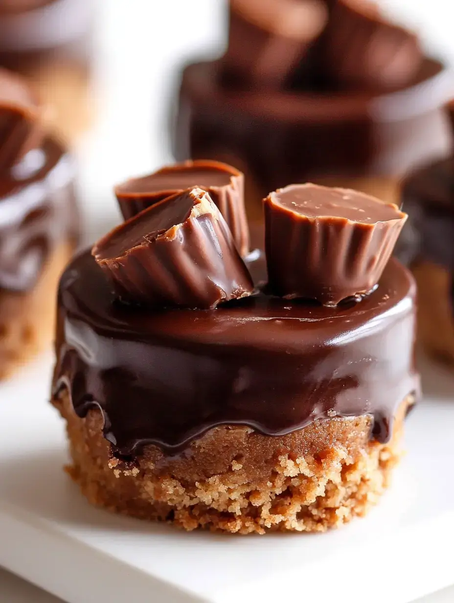 A close-up of a chocolate dessert topped with peanut butter cups and a glossy chocolate ganache.