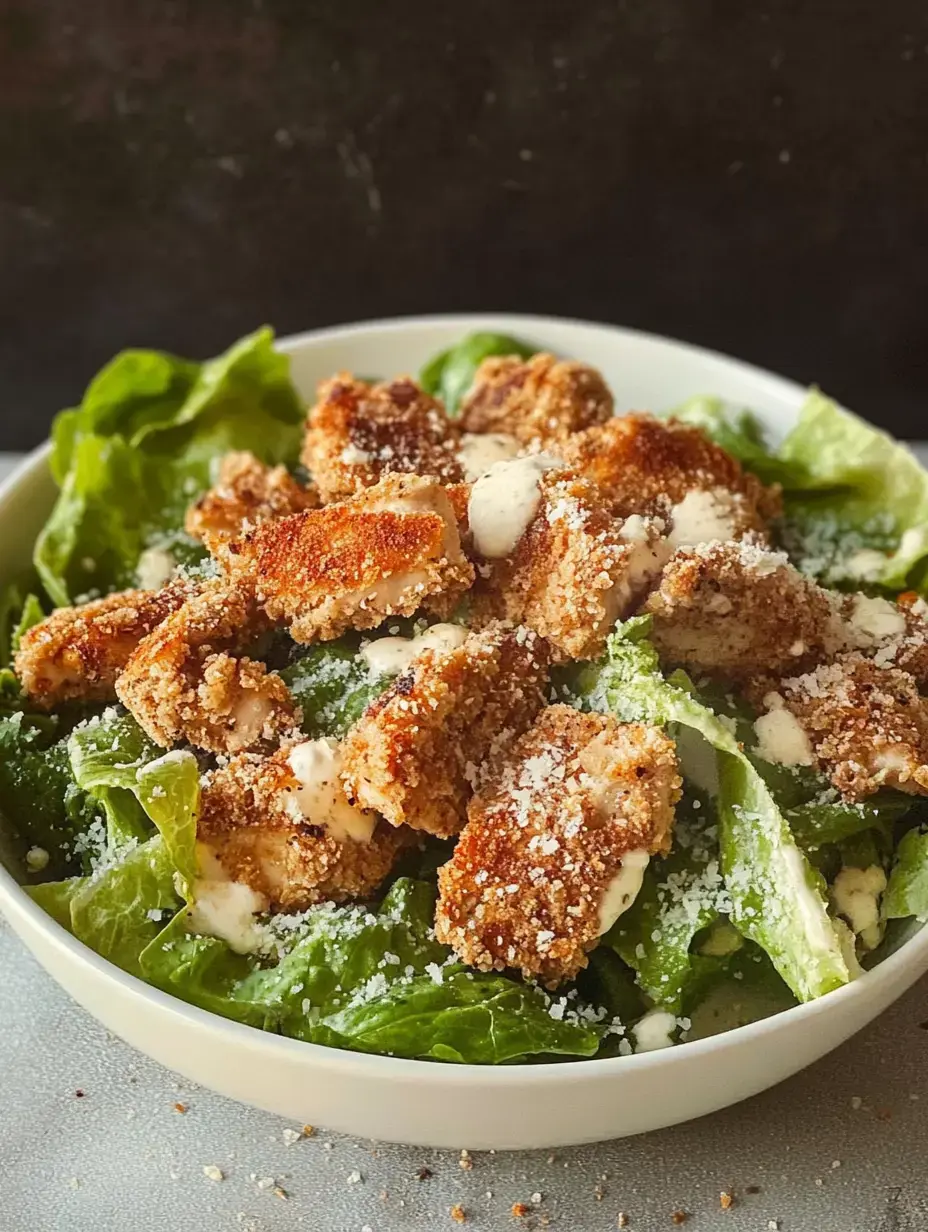 A bowl of crispy chicken pieces served on a bed of fresh romaine lettuce, drizzled with creamy dressing and sprinkled with grated cheese.