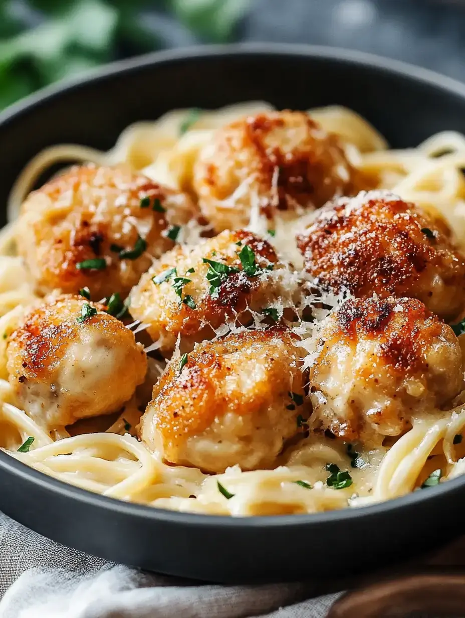 A bowl of creamy pasta topped with golden-brown meatballs and garnished with parsley and grated cheese.