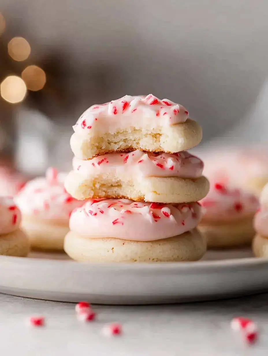 A stack of frosted cookies topped with crushed peppermint, with one cookie showing a bite taken out.