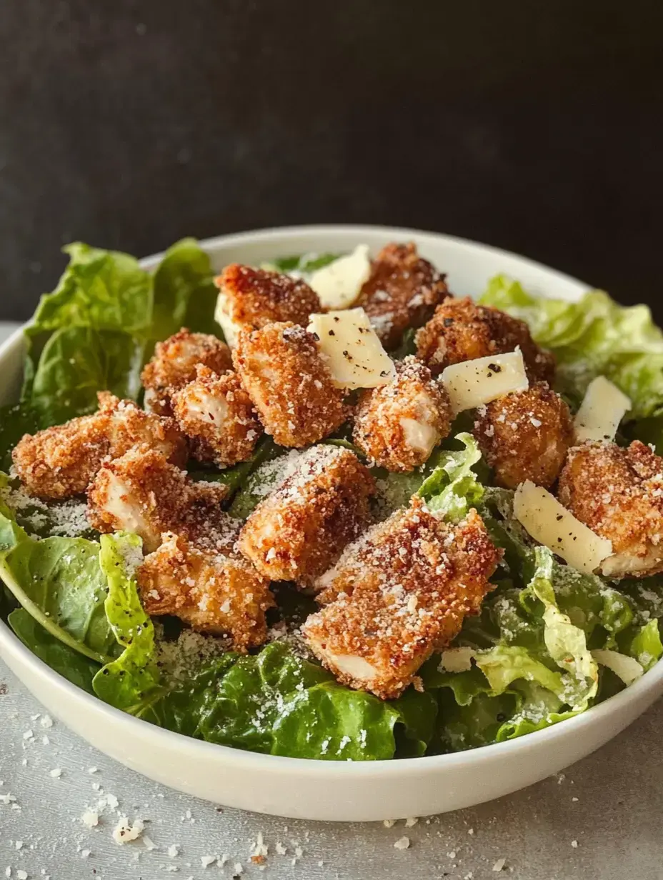 A bowl of fresh romaine lettuce topped with crispy breaded chicken pieces and shredded cheese.