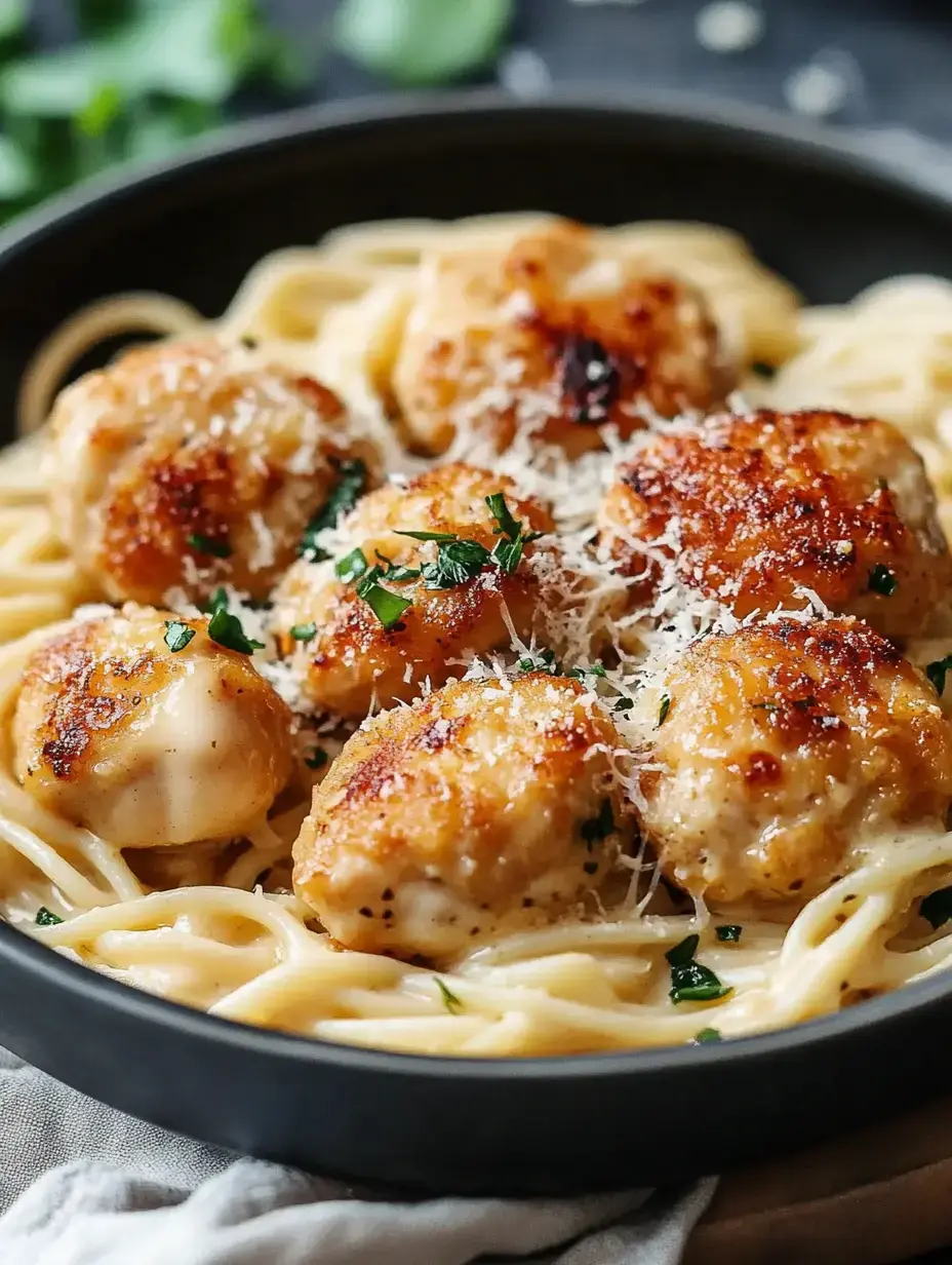 A bowl of creamy pasta topped with golden-brown meatballs, garnished with parsley and grated cheese.