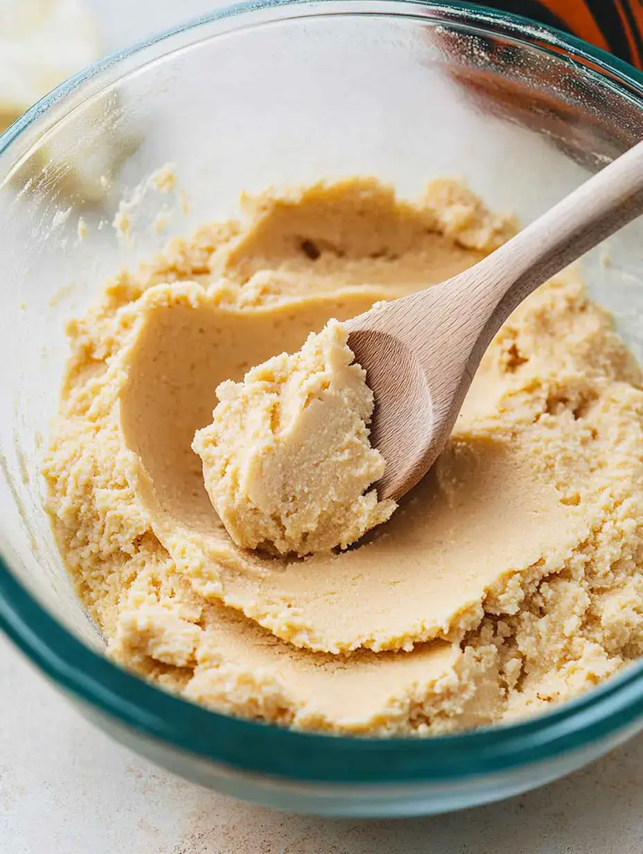 A wooden spoon is scooping peanut butter dough from a glass mixing bowl.