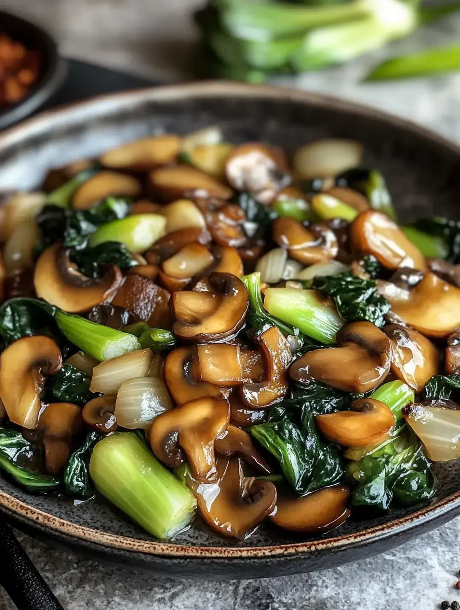 A close-up of a bowl of sautéed mushrooms, green onions, and leafy greens in a savory sauce.