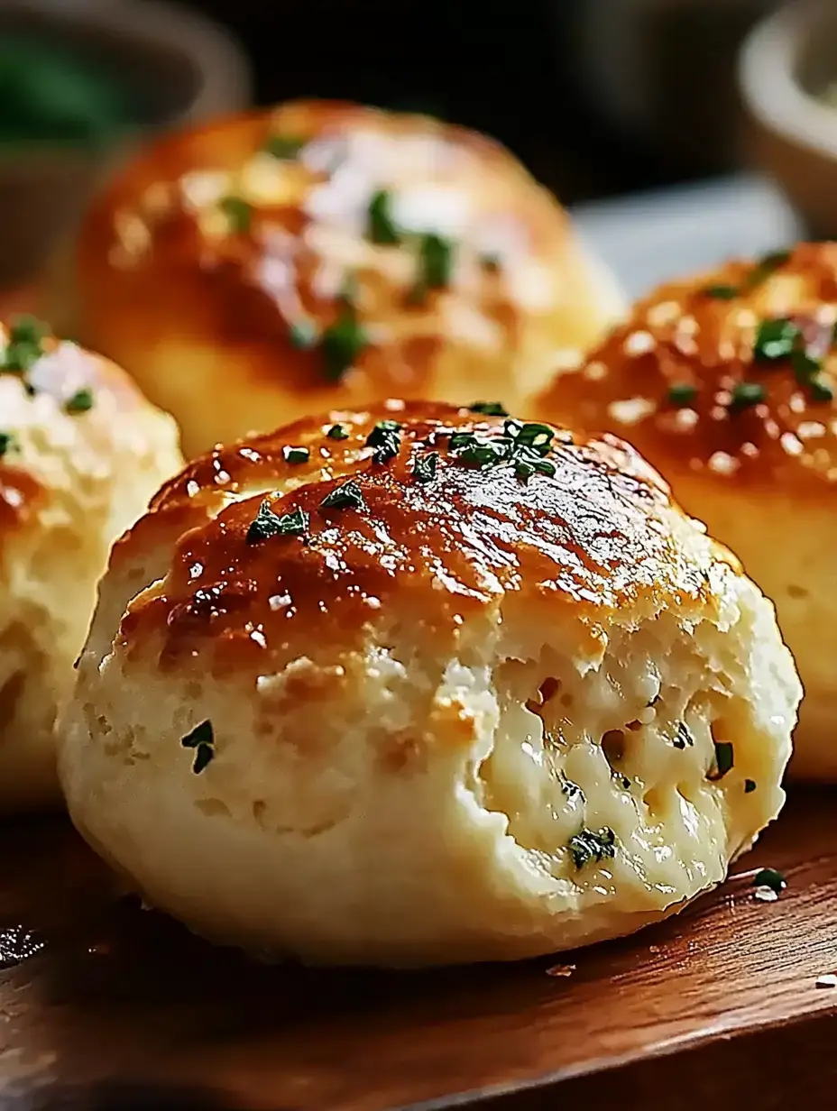 A close-up of golden, baked cheese bread rolls garnished with green herbs on a wooden surface.