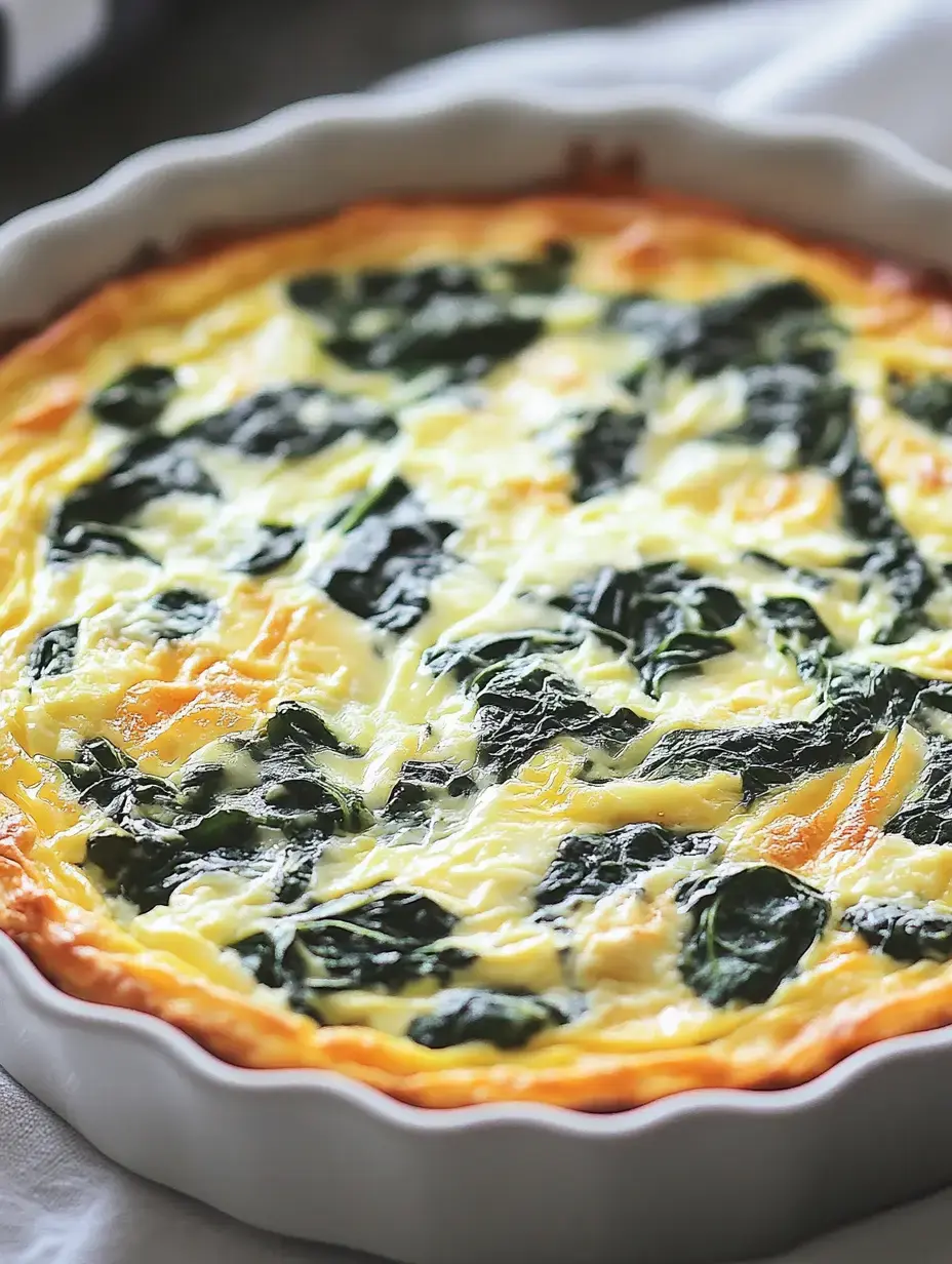 A close-up of a baked spinach quiche in a white dish, featuring a golden crust and a filling of eggs, cheese, and spinach.