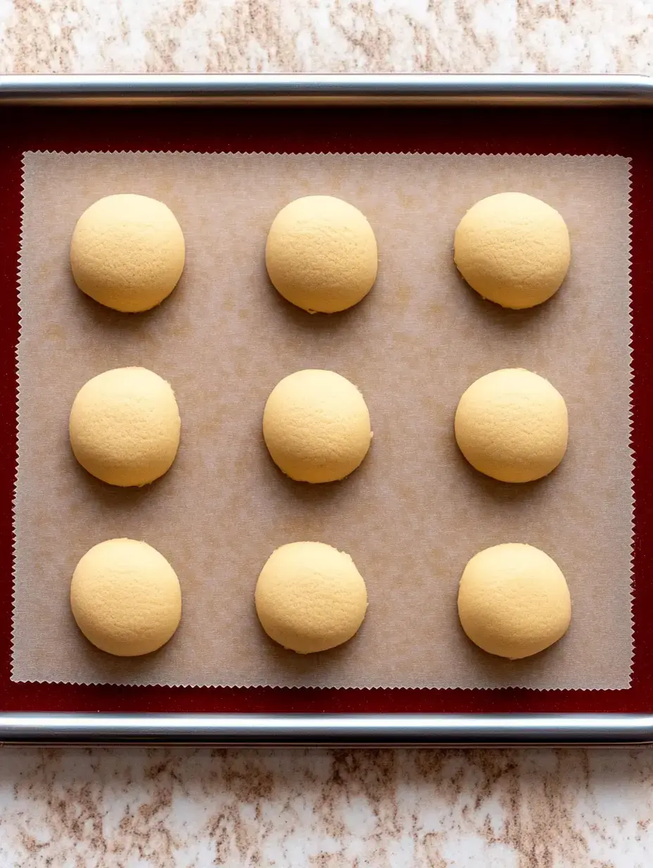 A baking sheet lined with parchment paper holds nine unbaked, rounded yellow meringue cookies.