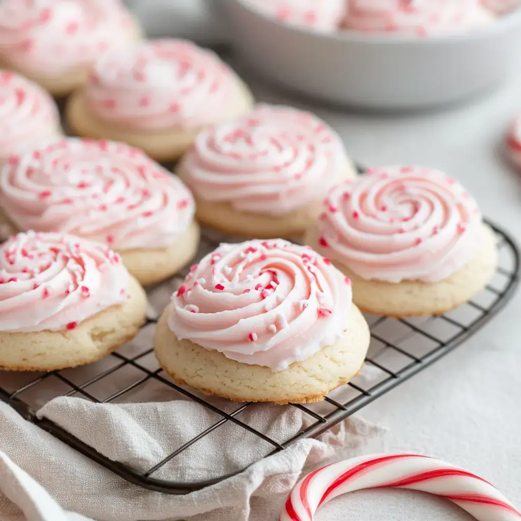 A wire rack holds freshly baked cookies topped with pink swirled frosting and sprinkled with red and white candy pieces.