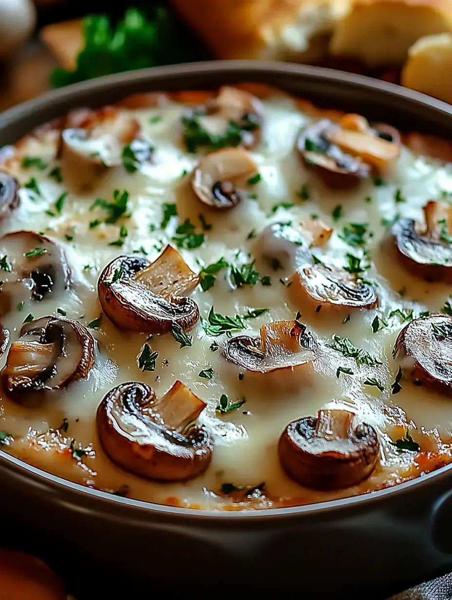 A close-up of a cheesy baked dish topped with sliced mushrooms and garnished with green herbs.