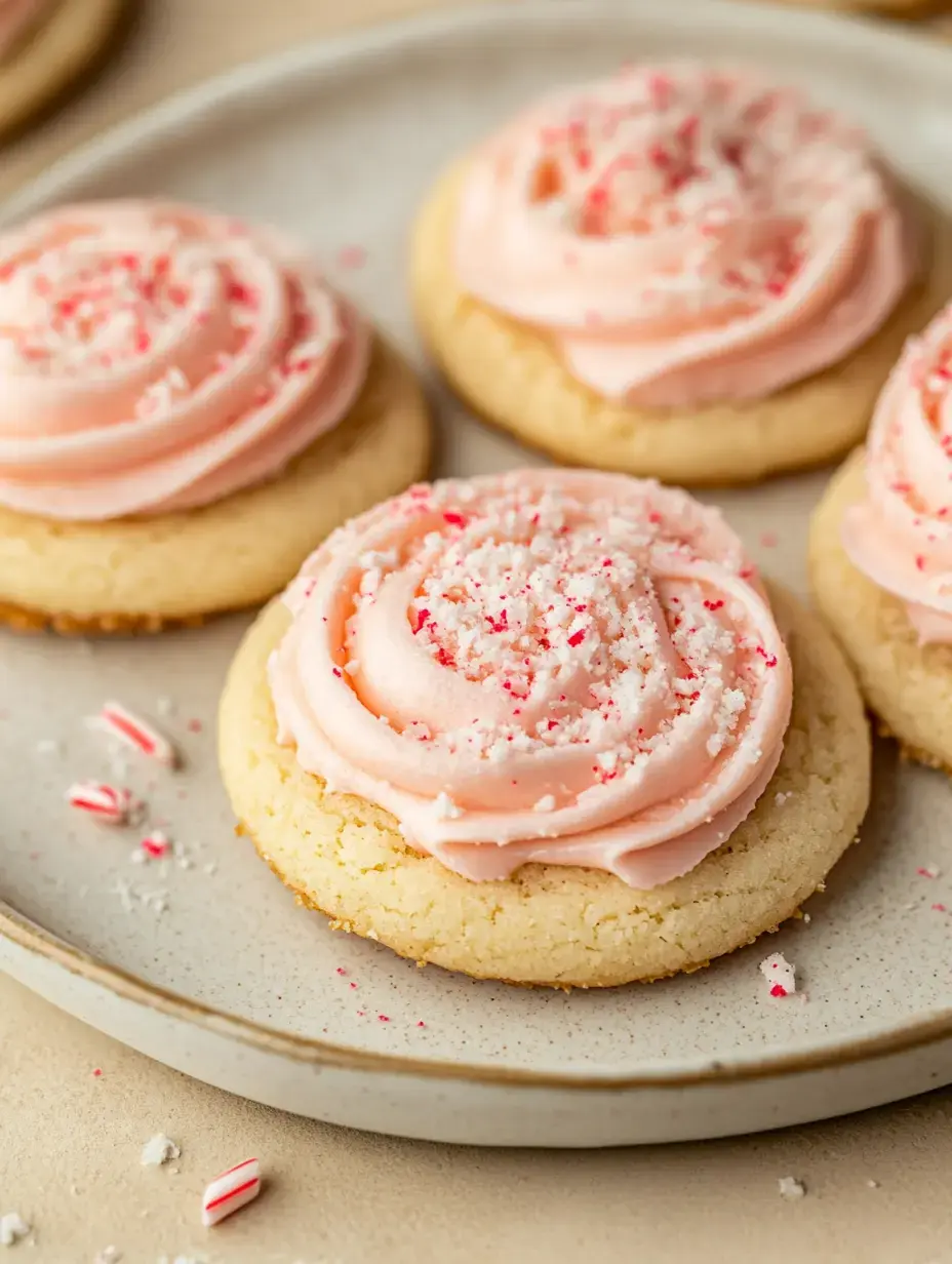 A plate of soft, frosted cookies topped with pink buttercream and crushed peppermint candies.