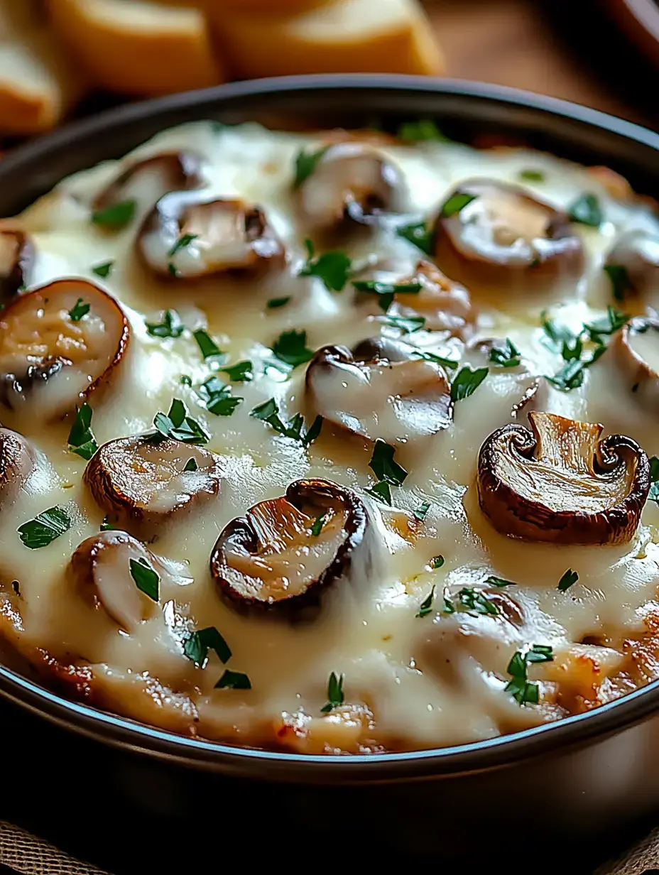 A close-up of a cheesy baked dish topped with sliced mushrooms and sprinkled with fresh parsley.