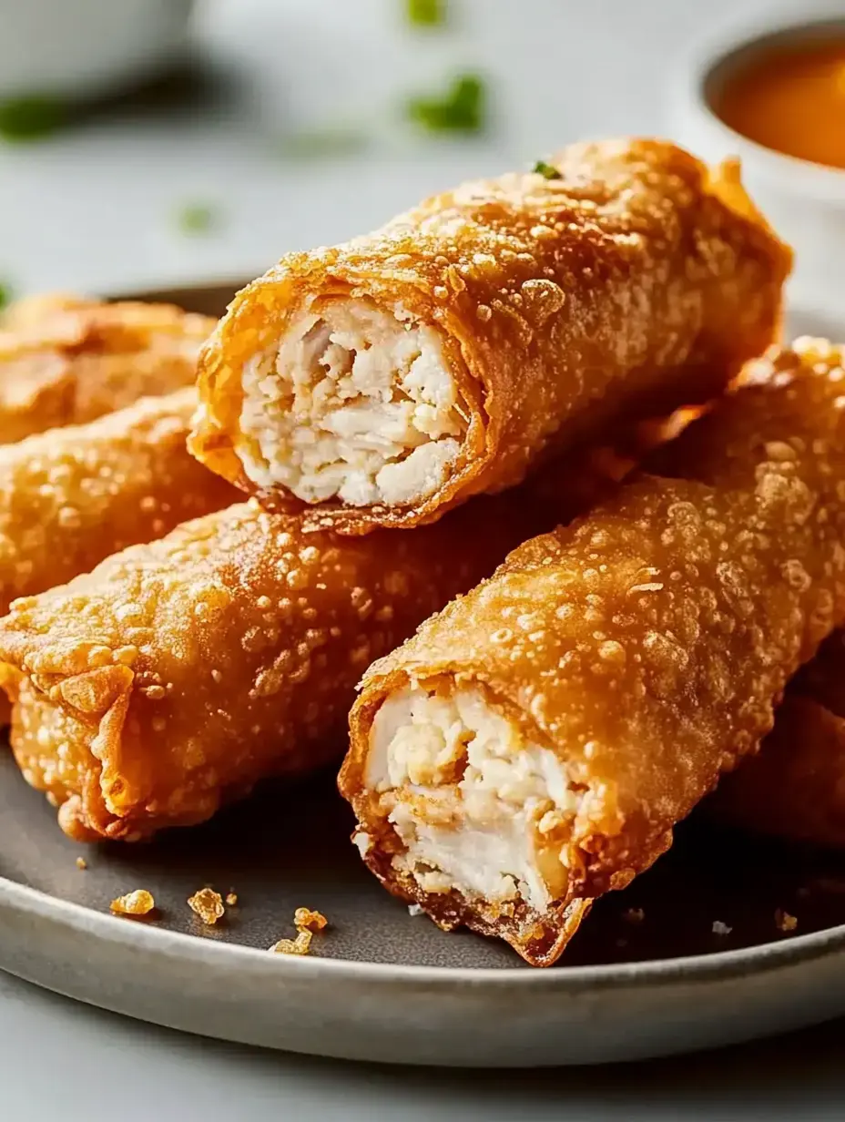 A close-up of crispy golden-brown spring rolls filled with shredded chicken on a plate, with a dipping sauce in the background.