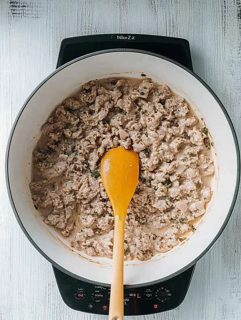 A pan containing cooked ground meat and seasoning, stirred with a yellow wooden spoon.