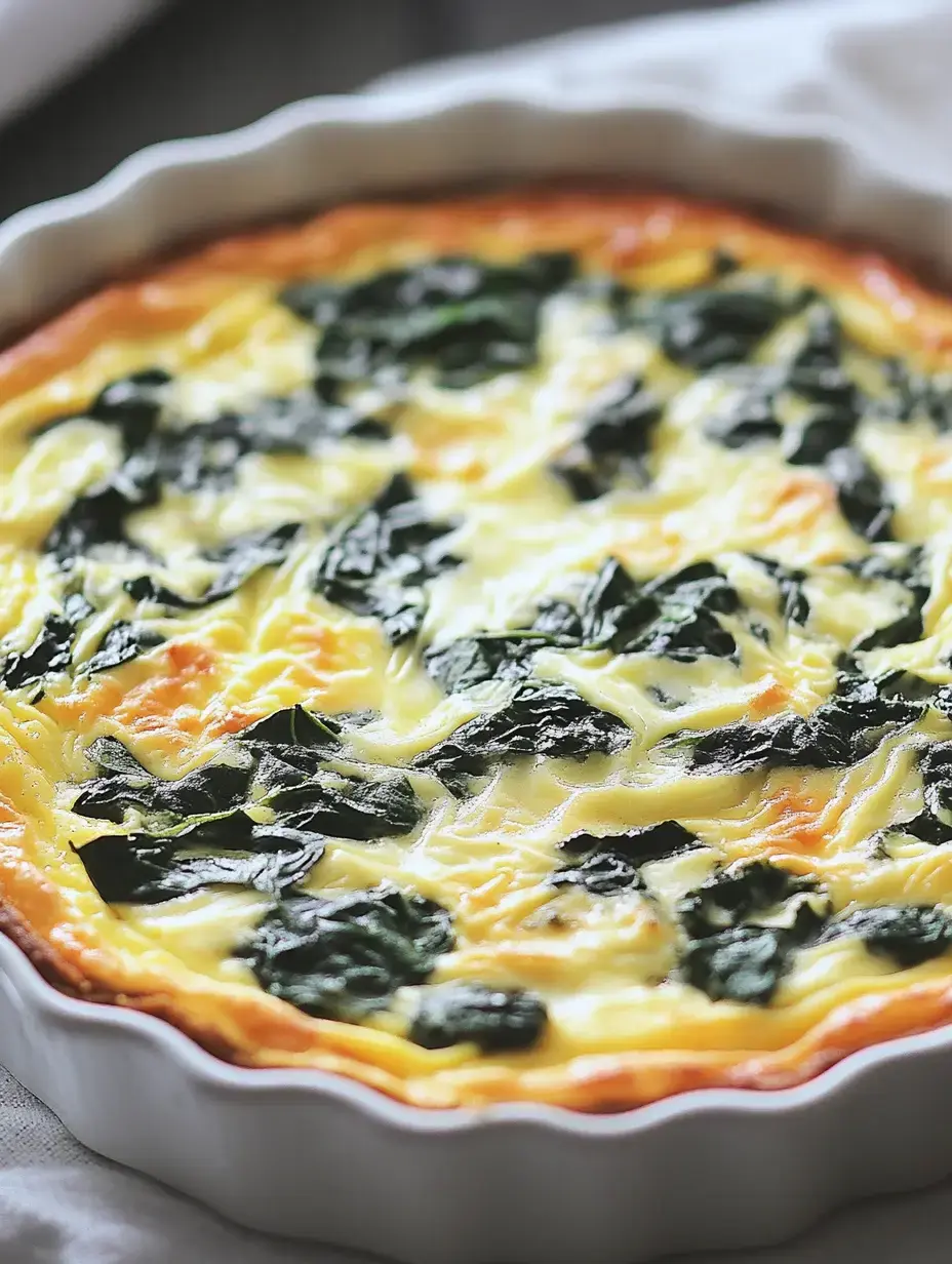 A freshly baked spinach quiche with a golden crust and a creamy filling, topped with visible leafy spinach.