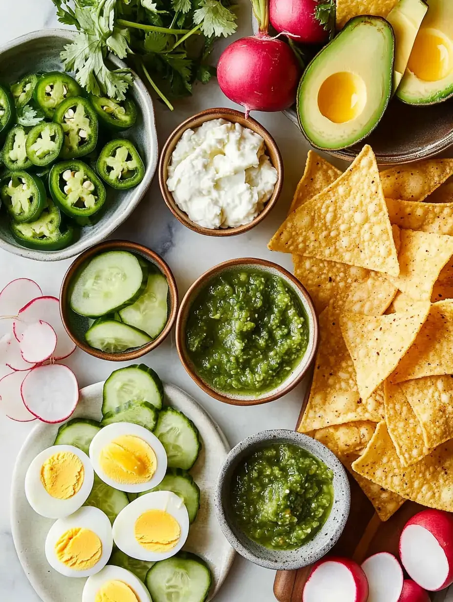 A vibrant assortment of fresh vegetables, boiled eggs, dips, avocados, and tortilla chips arranged on a light background.