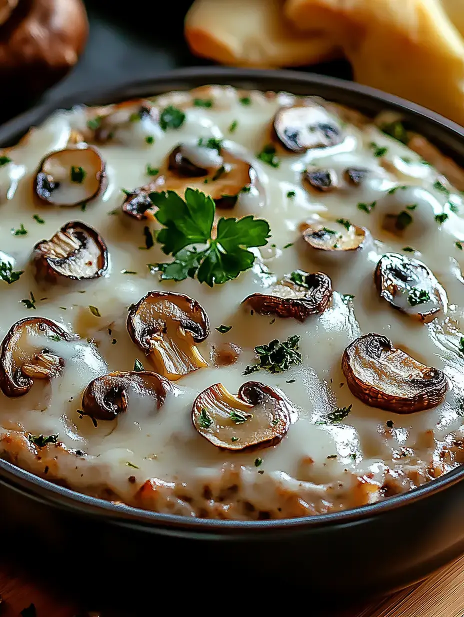 A close-up of a baked dish topped with melted cheese, sliced mushrooms, and garnished with fresh herbs.