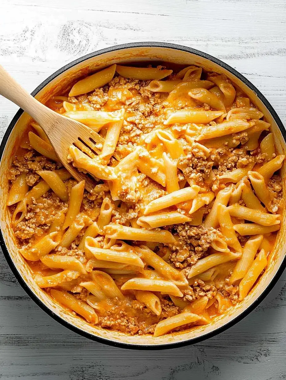 A pot of creamy penne pasta mixed with ground meat and a wooden spoon resting inside.