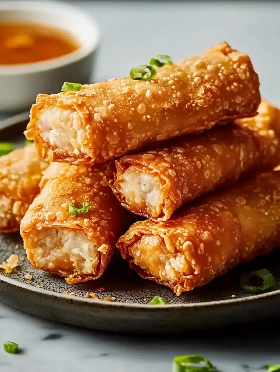 A close-up of crispy spring rolls garnished with green onions, served on a dark plate alongside a small bowl of dipping sauce.