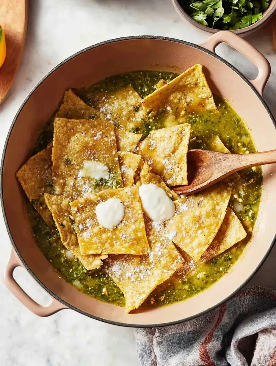 A bowl of green sauce with crispy tortilla pieces topped with cheese and cream, accompanied by a wooden spoon.