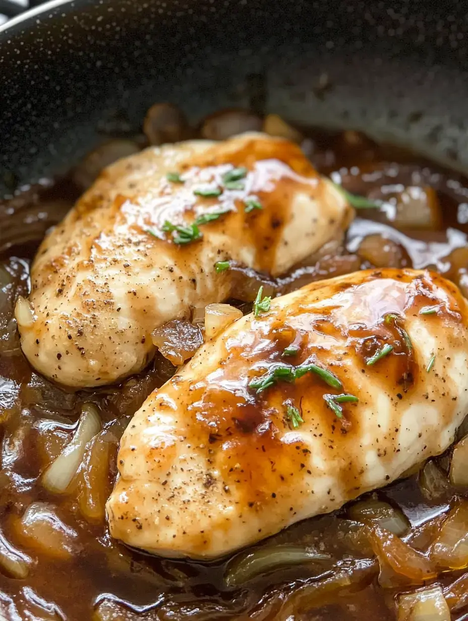 Two cooked chicken breasts topped with a glossy sauce and garnished with herbs, resting on a bed of onions in a dark pan.