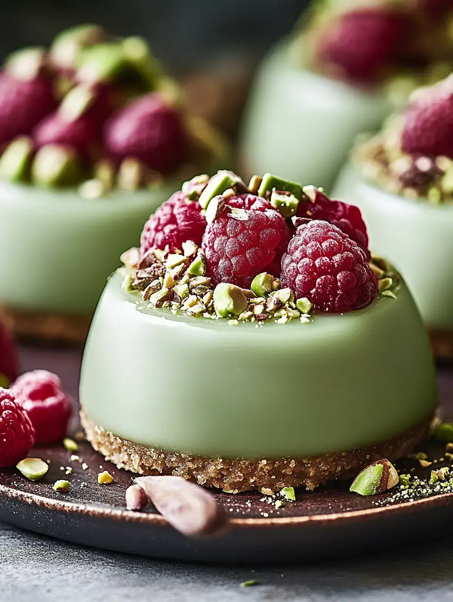 A close-up of green pistachio mousse topped with fresh raspberries and crushed pistachios on a dark plate.