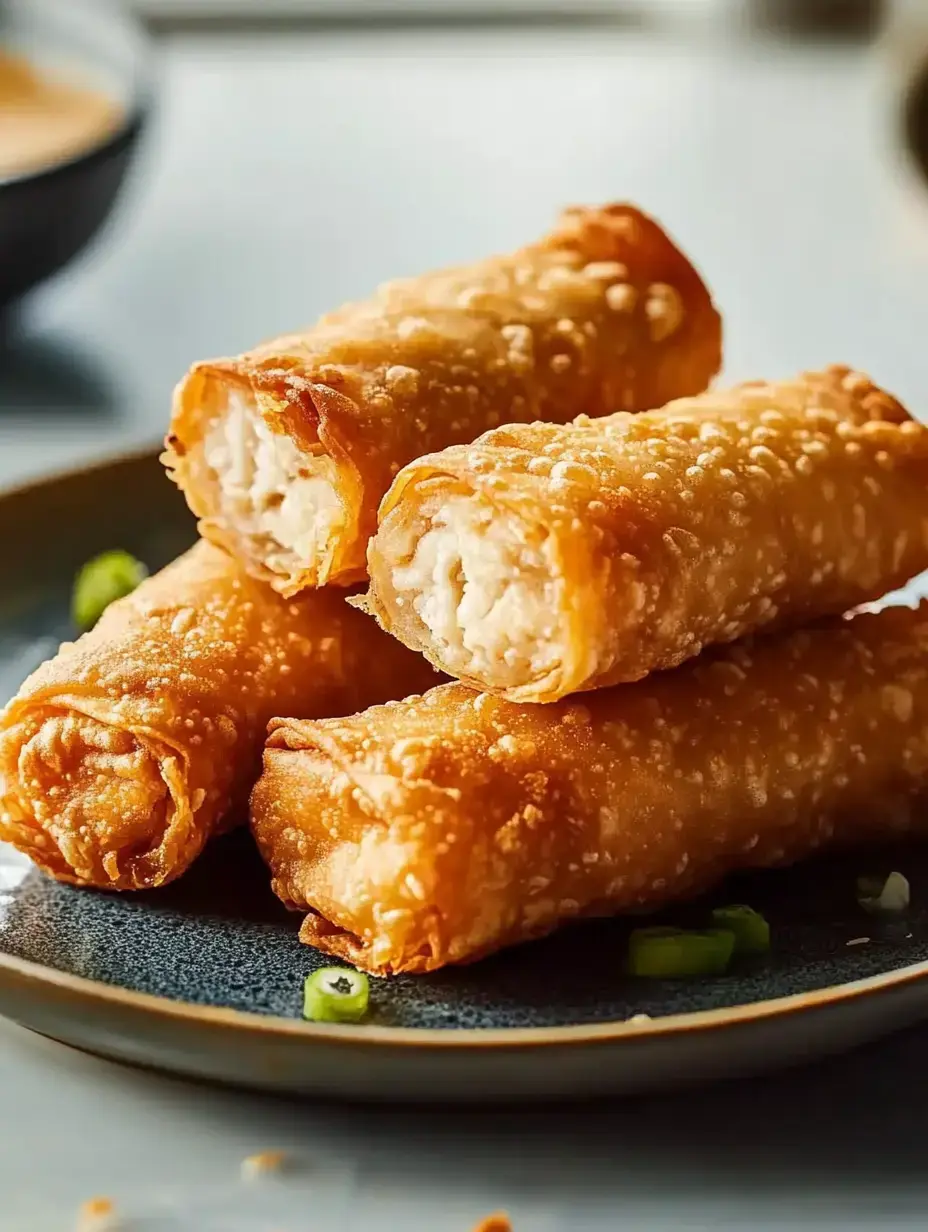 A plate of crispy golden spring rolls filled with a creamy mixture, garnished with chopped green onions.