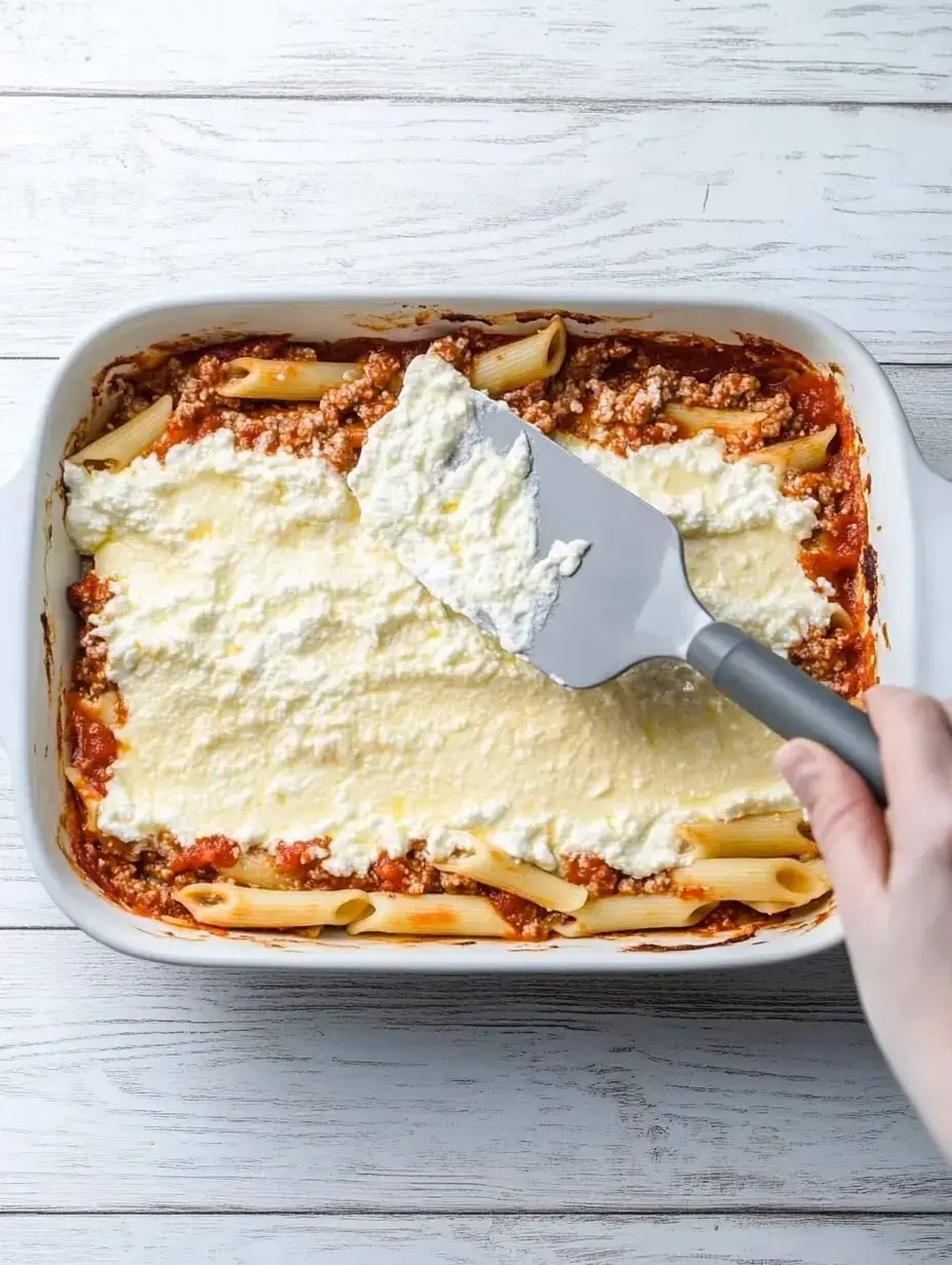 A hand using a spatula to spread ricotta cheese over a layer of pasta and meat sauce in a white baking dish.