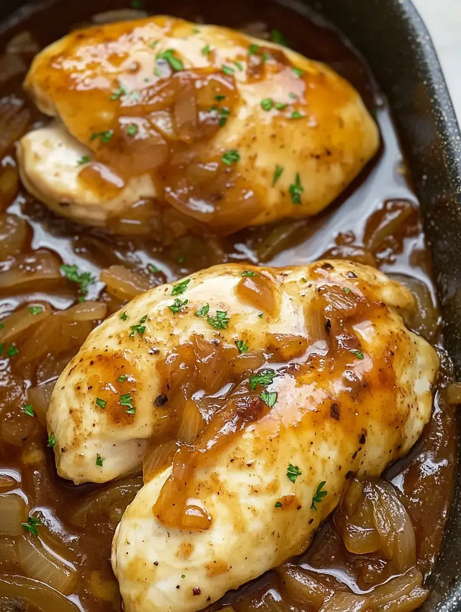 Two cooked chicken breasts are served in a rich, brown sauce with caramelized onions, garnished with chopped parsley.