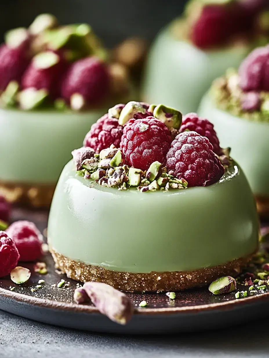 A close-up of green gelatin desserts topped with fresh raspberries and chopped pistachios on a brown plate.