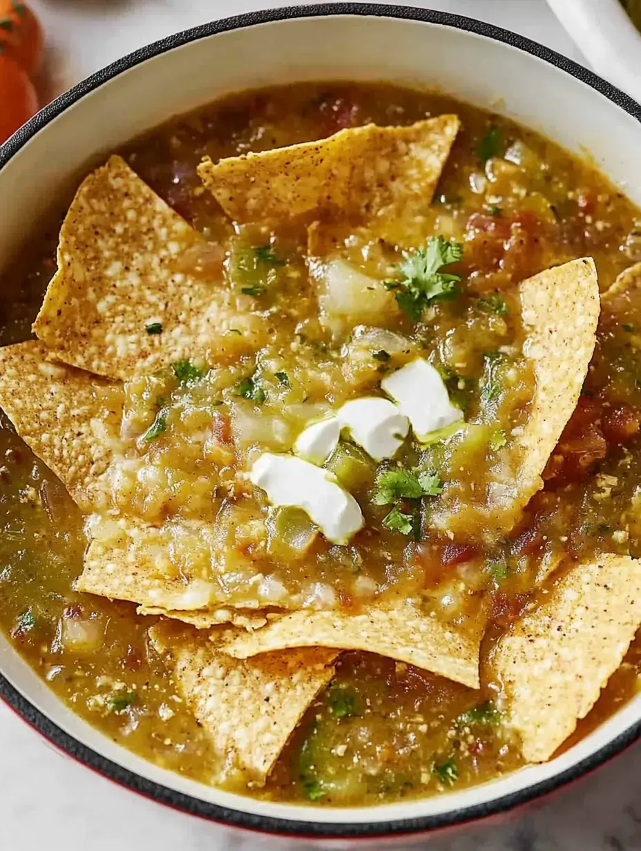 A bowl of green chili soup topped with tortilla chips, cilantro, and dollops of sour cream.