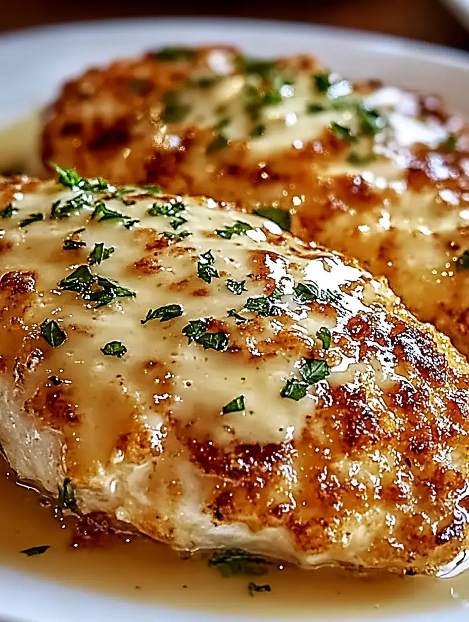 Two pieces of golden-brown, creamy chicken topped with parsley are served on a white plate.