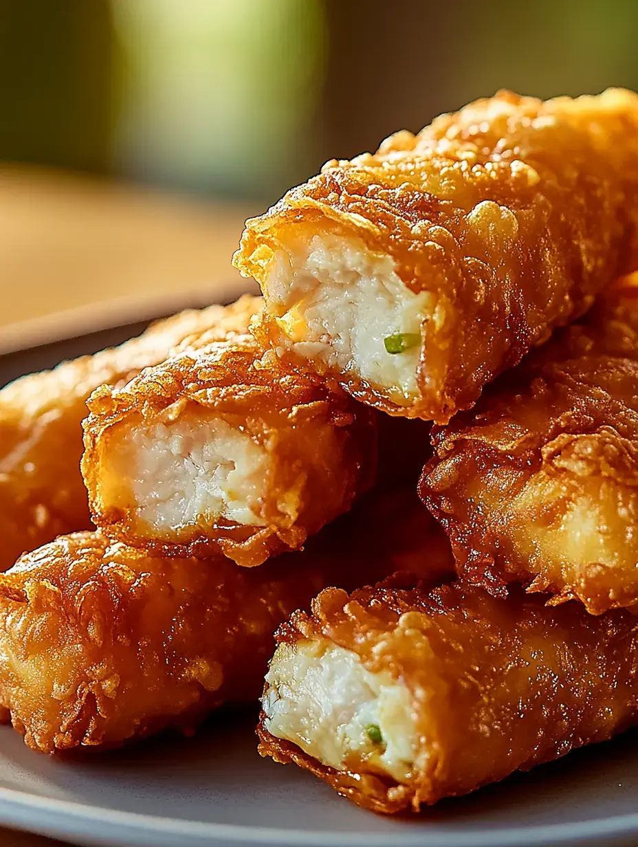 A close-up of golden-brown fried rolls with a partially visible creamy filling on a plate.