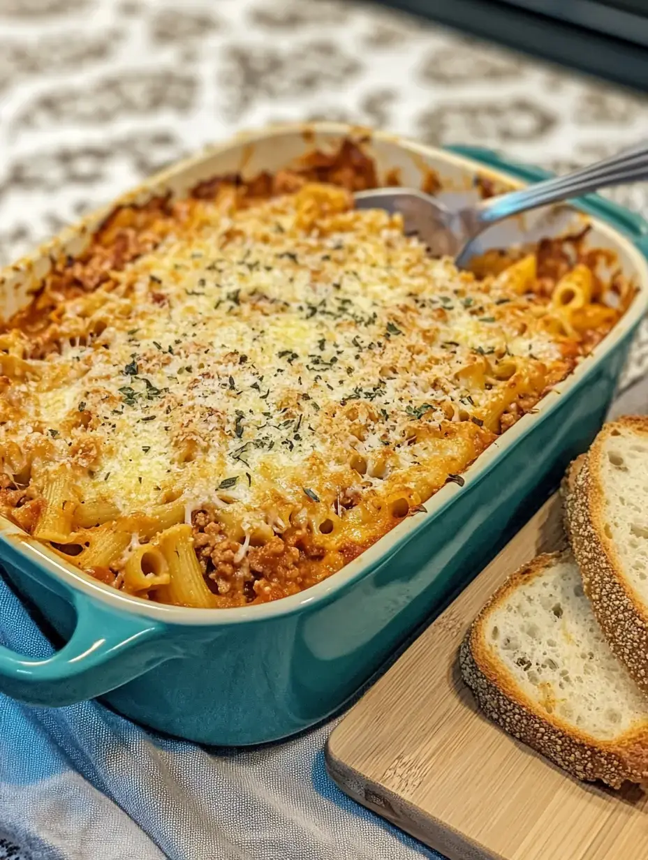 A baked pasta dish with a golden cheese topping is served in a teal dish, accompanied by slices of bread on a wooden cutting board.