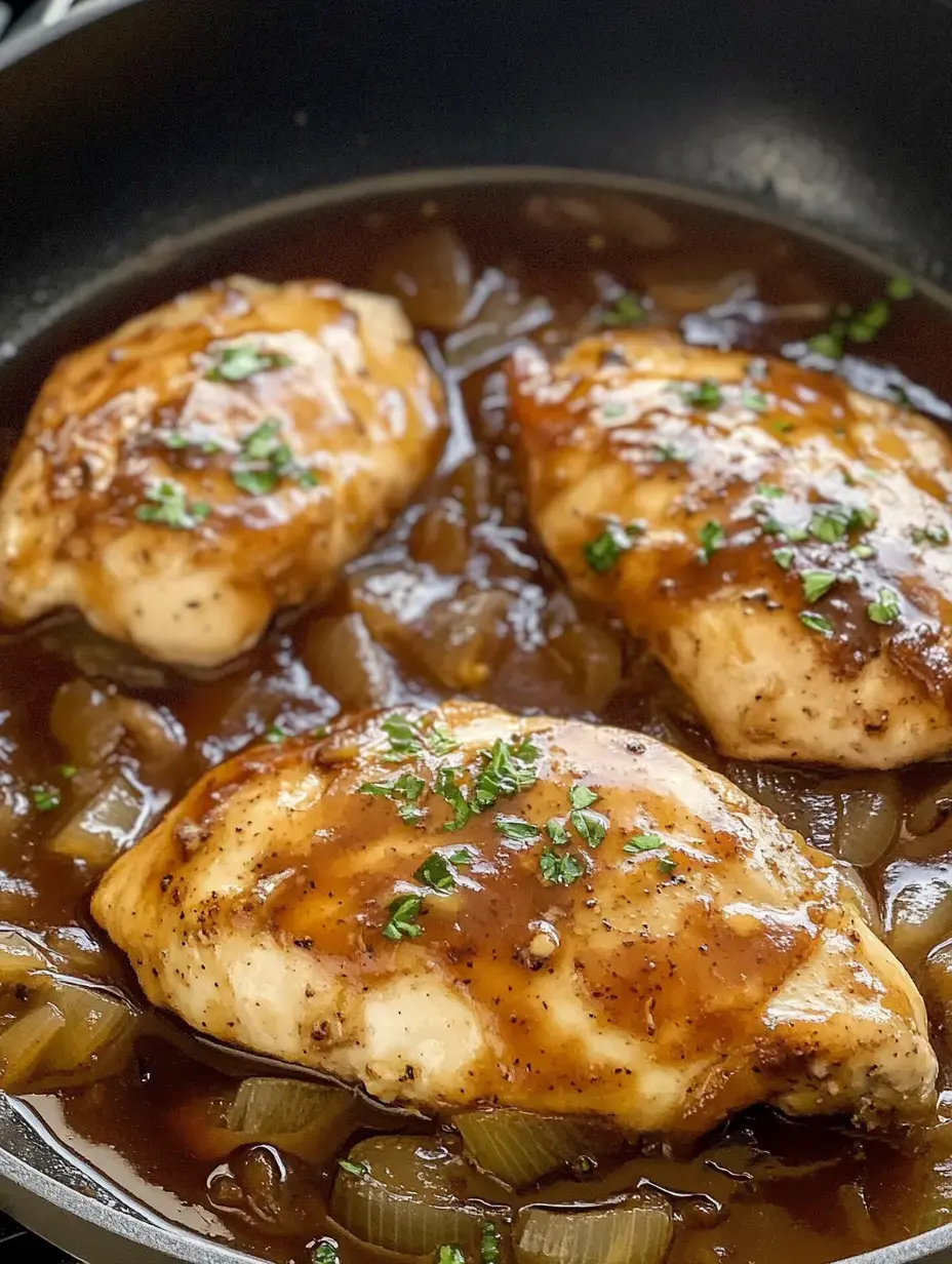 Three pieces of chicken breast are simmering in a dark sauce with chopped onions and garnished with green herbs in a frying pan.