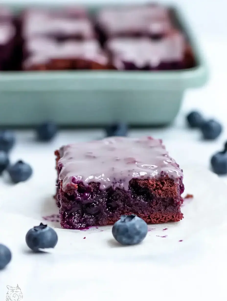 A slice of blueberry cake with a glossy purple glaze sits on a plate, surrounded by fresh blueberries and a baking dish in the background.